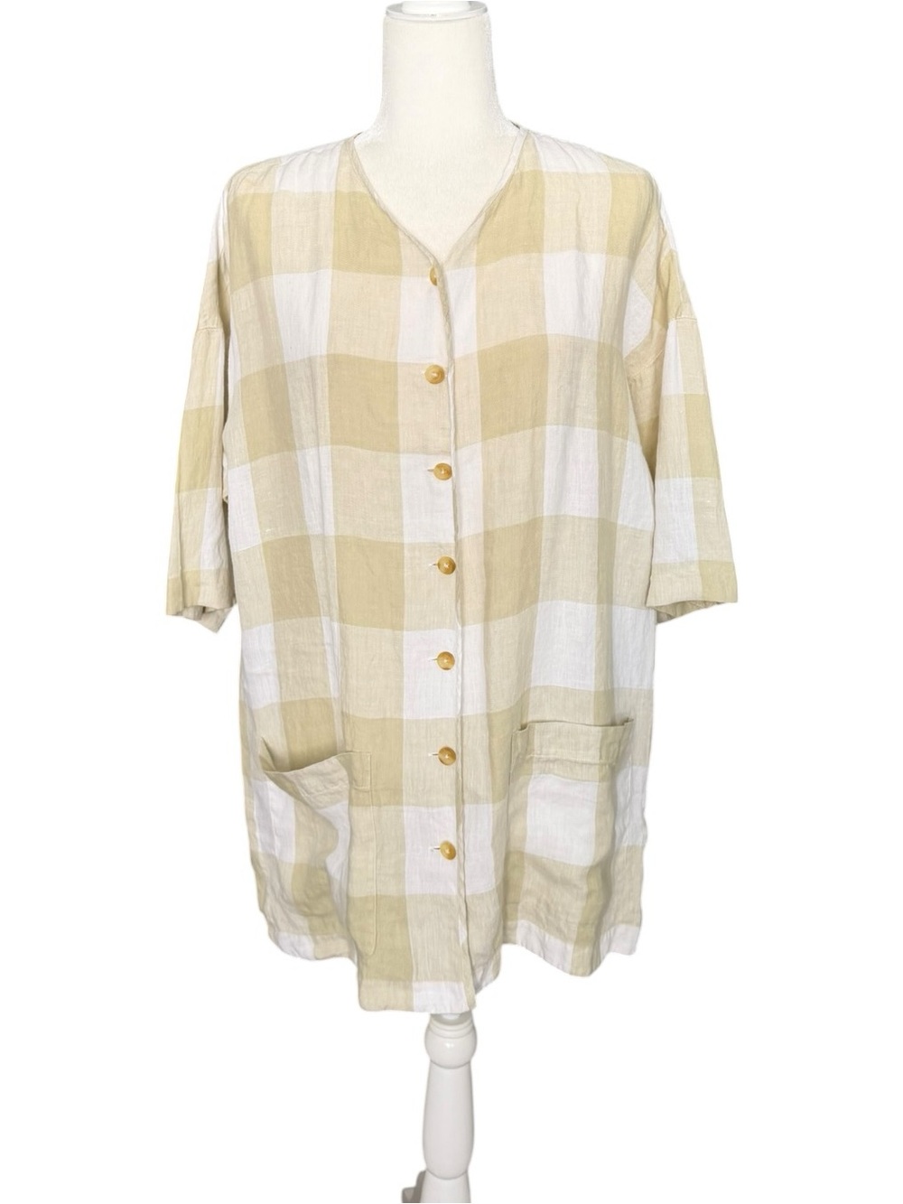 Company Ellen Tracy 100% Linen Gingham Tunic Shirt Top Sage Green Ivory Size L